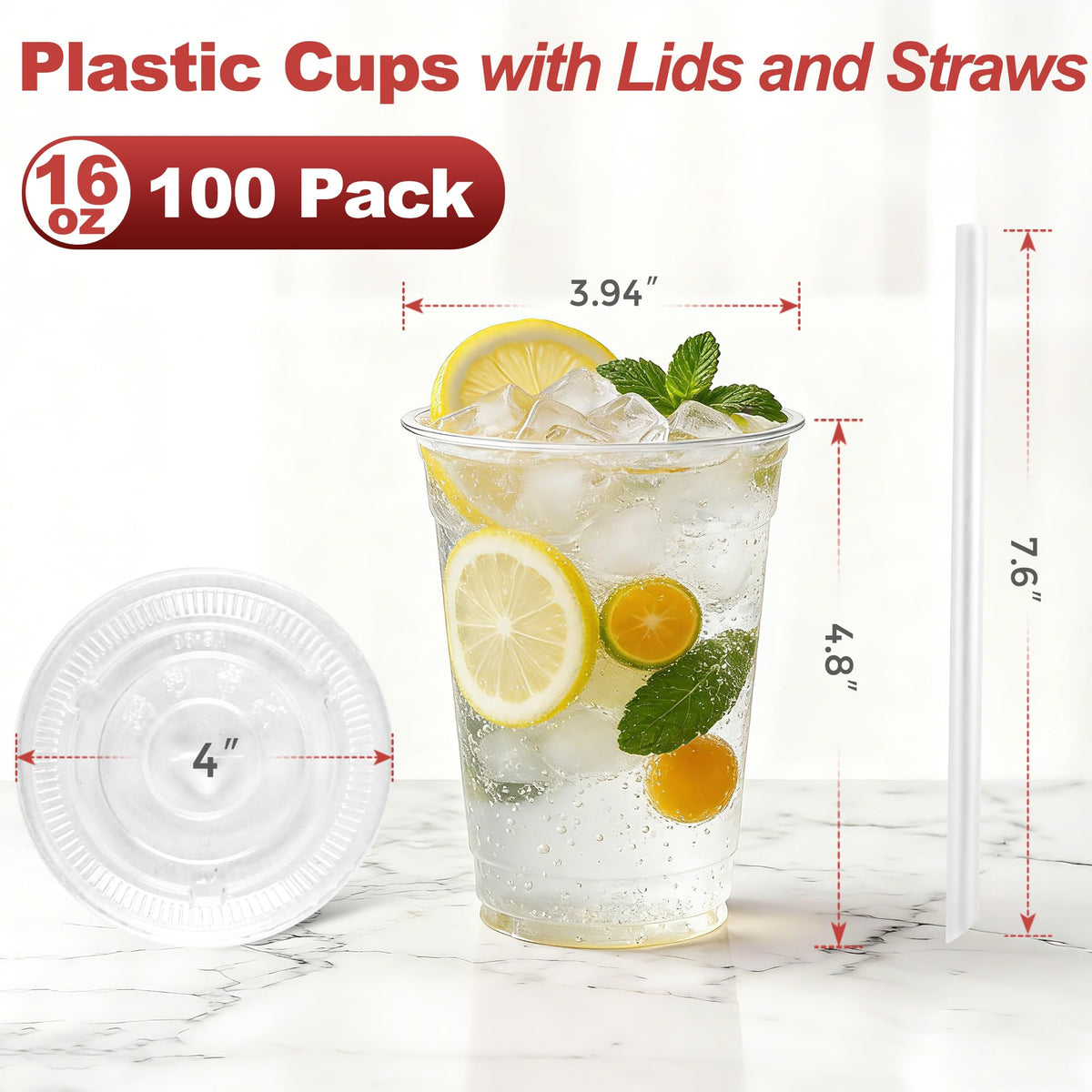 100 Pack 16 oz Clear Plastic Cups with Lids and Straws (100 Count)