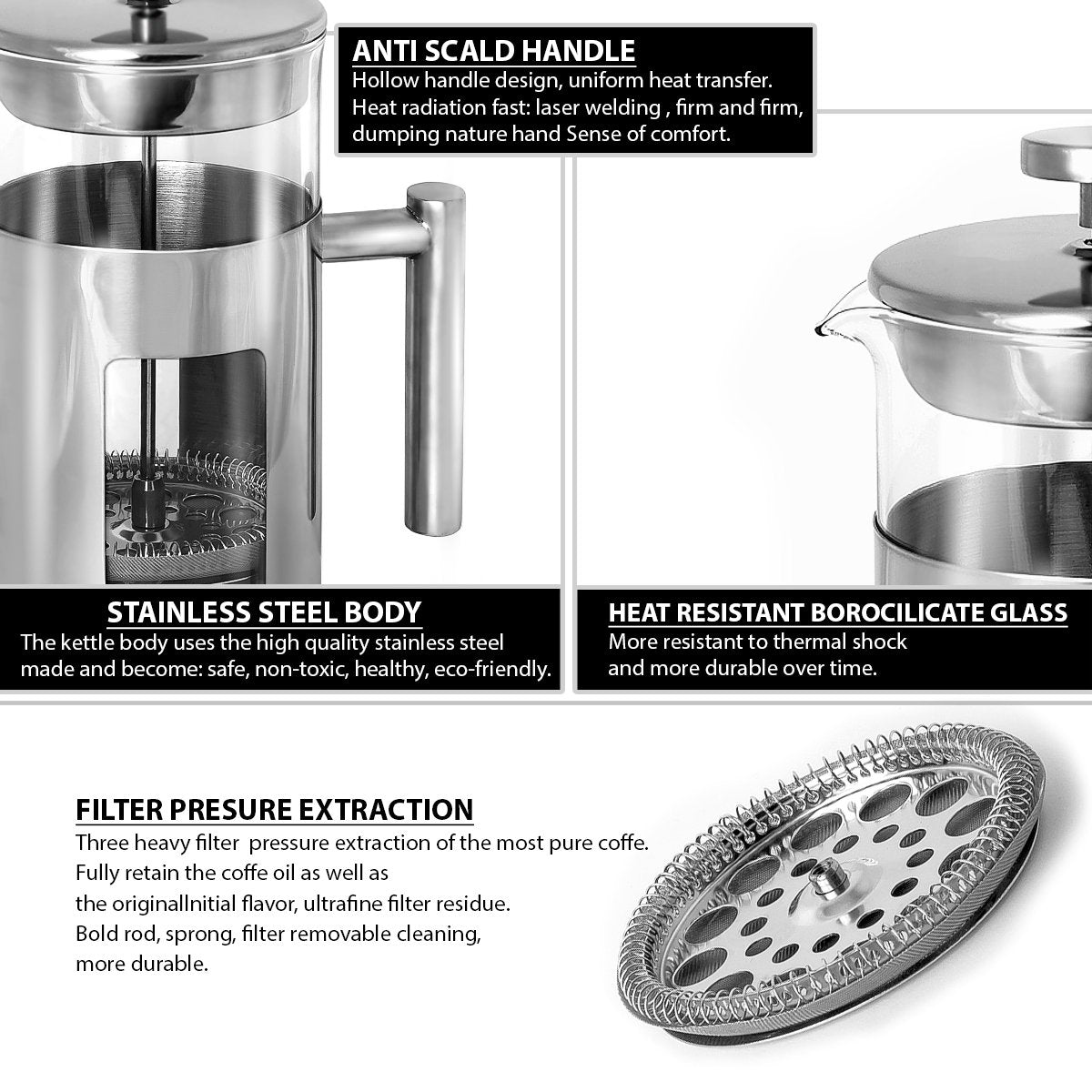 34 Ounce French Press Coffee Maker with Stainless Steel 18
