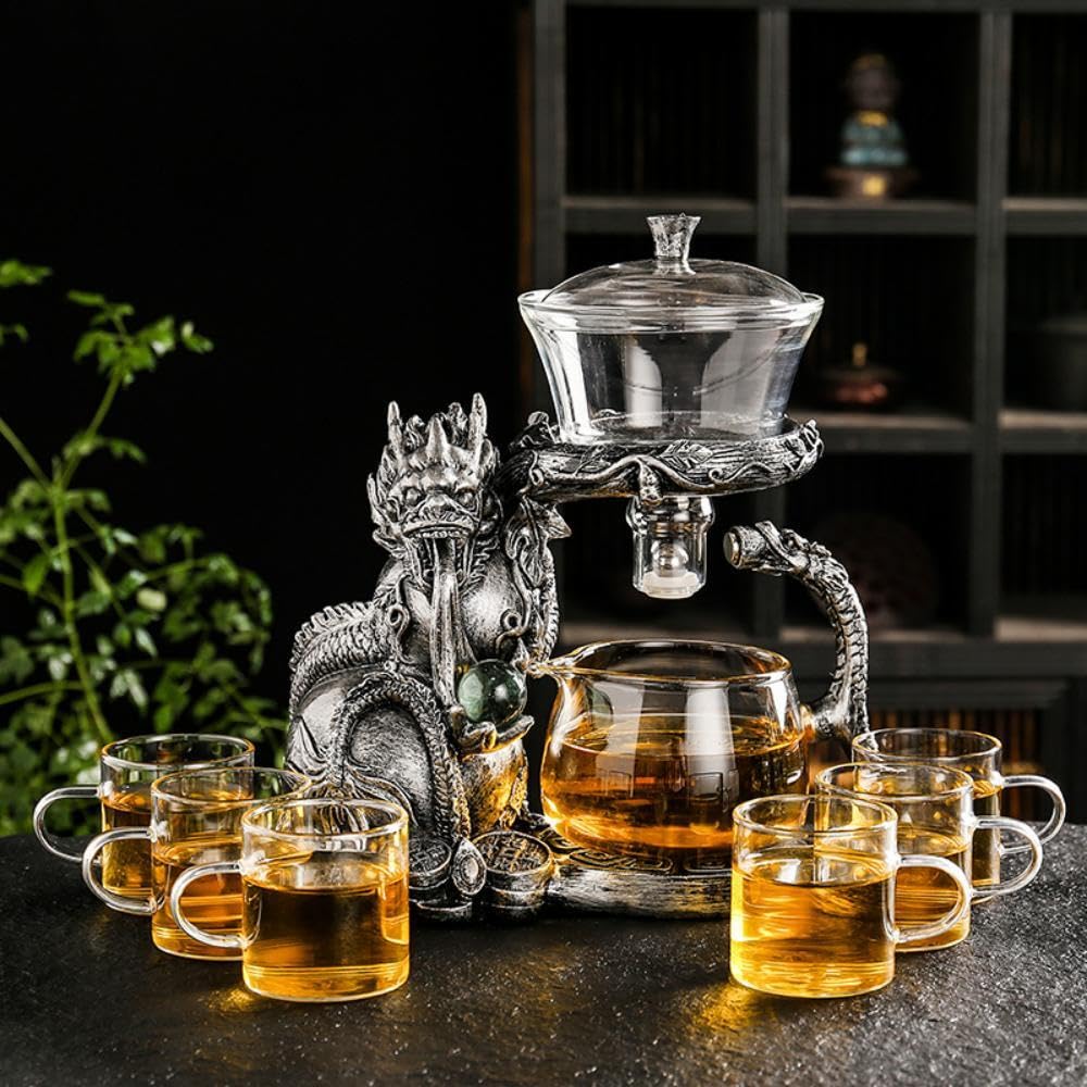 Glass Teapot Set with Infuser Semi Automatic Dragon Tea Set with 6 Small Cups