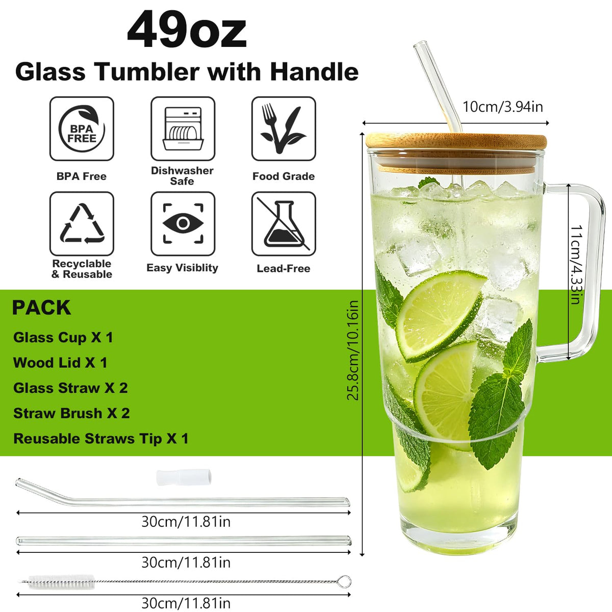 Glass Cup with Handle 49oz Tumbler with Straw and Lid