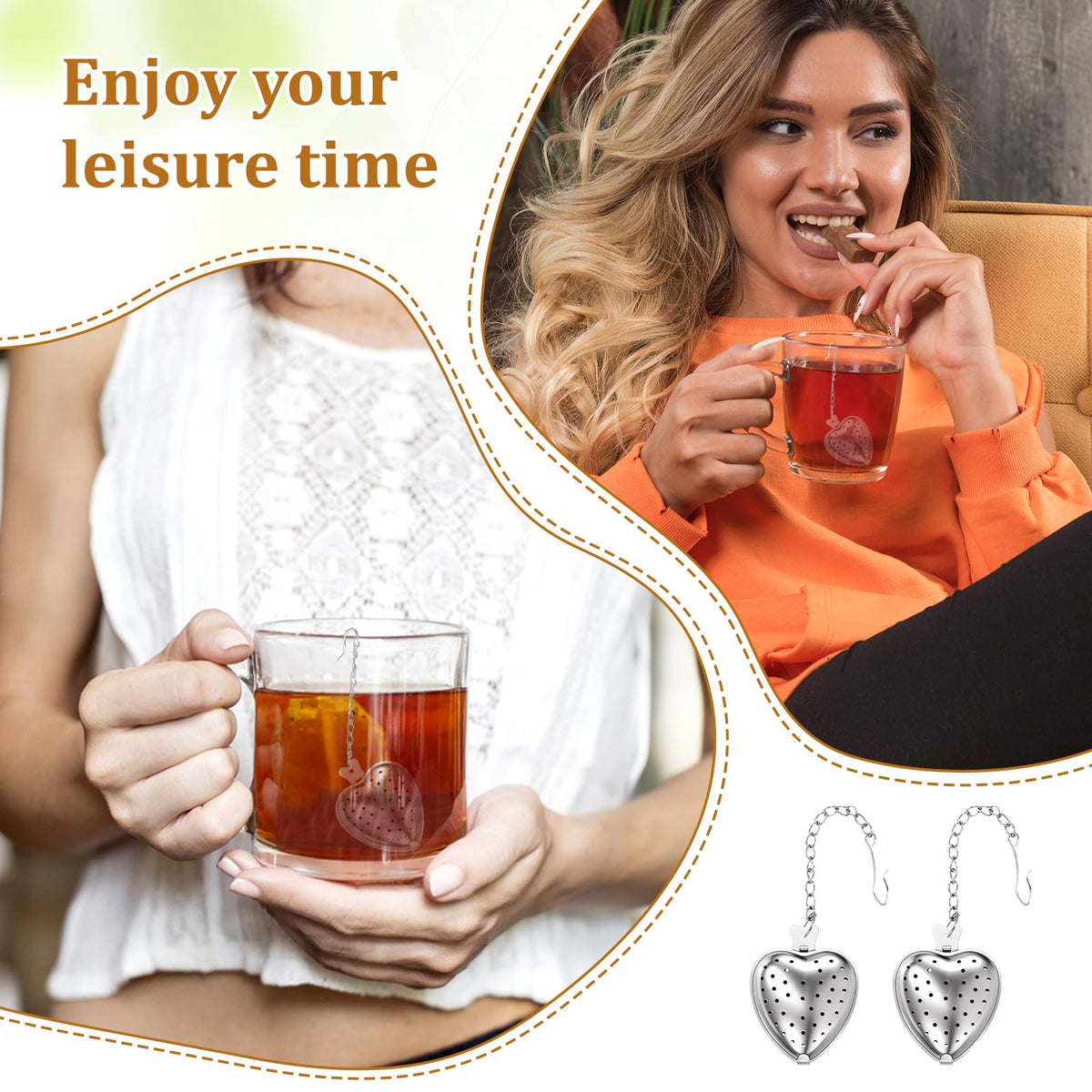 50 Pcs Tea Strainer Stainless Steel Ball Infuser Mesh Heart Shaped Tea Strainer Loose Leaf Steeper Interval Diffuser with Extended Chain Hook Tea Filters for Seasonings Cup Bottle (50 Count)