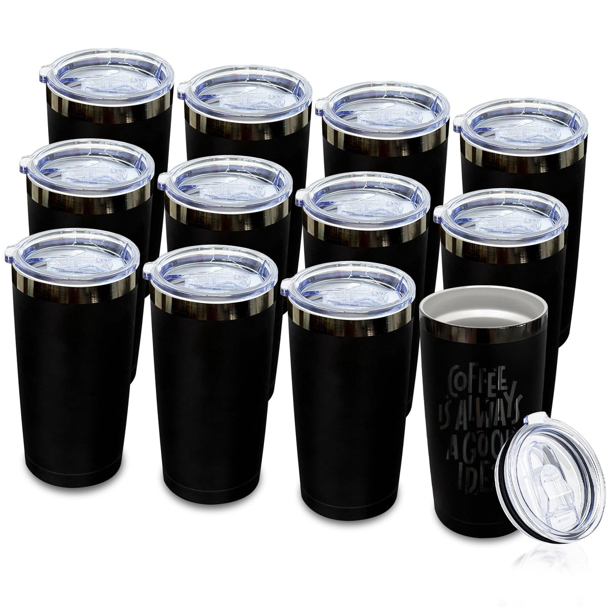 20 oz Insulated Tumblers Bulk With Lid and Straw Black Plated Black (12 Count)