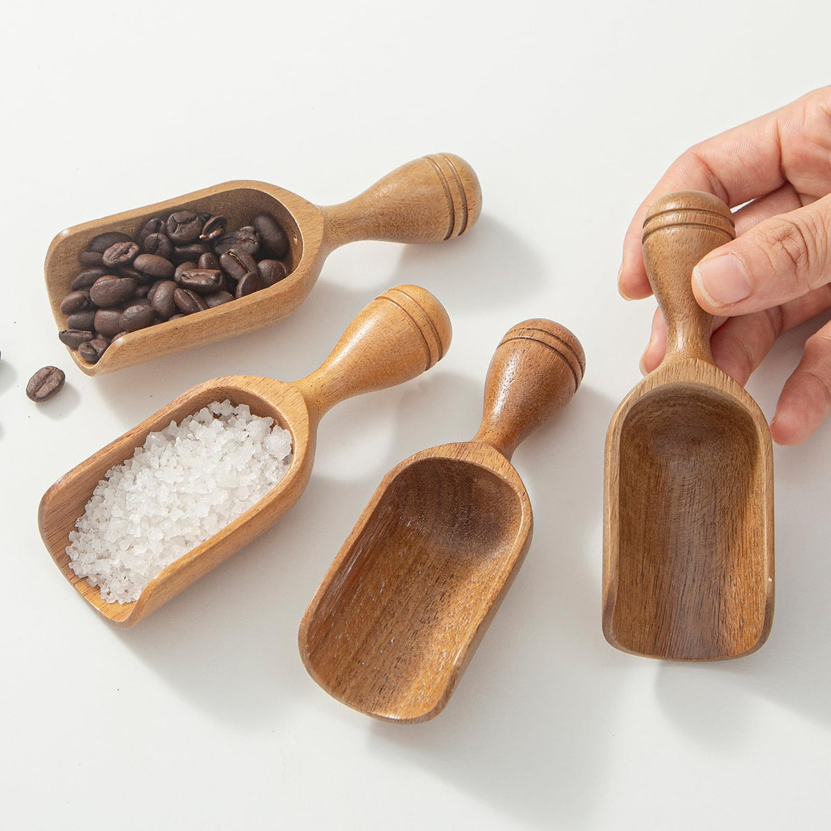 Wooden Scoops for Canisters 4PCS Wooden Scoop for Jars Acacia Mini Measuring Spoons for Ground Coffee Scoops Shovel Kitchen Scooping for Tea Powder & Bath Salt Laundry Detergent Shove (4 Count)