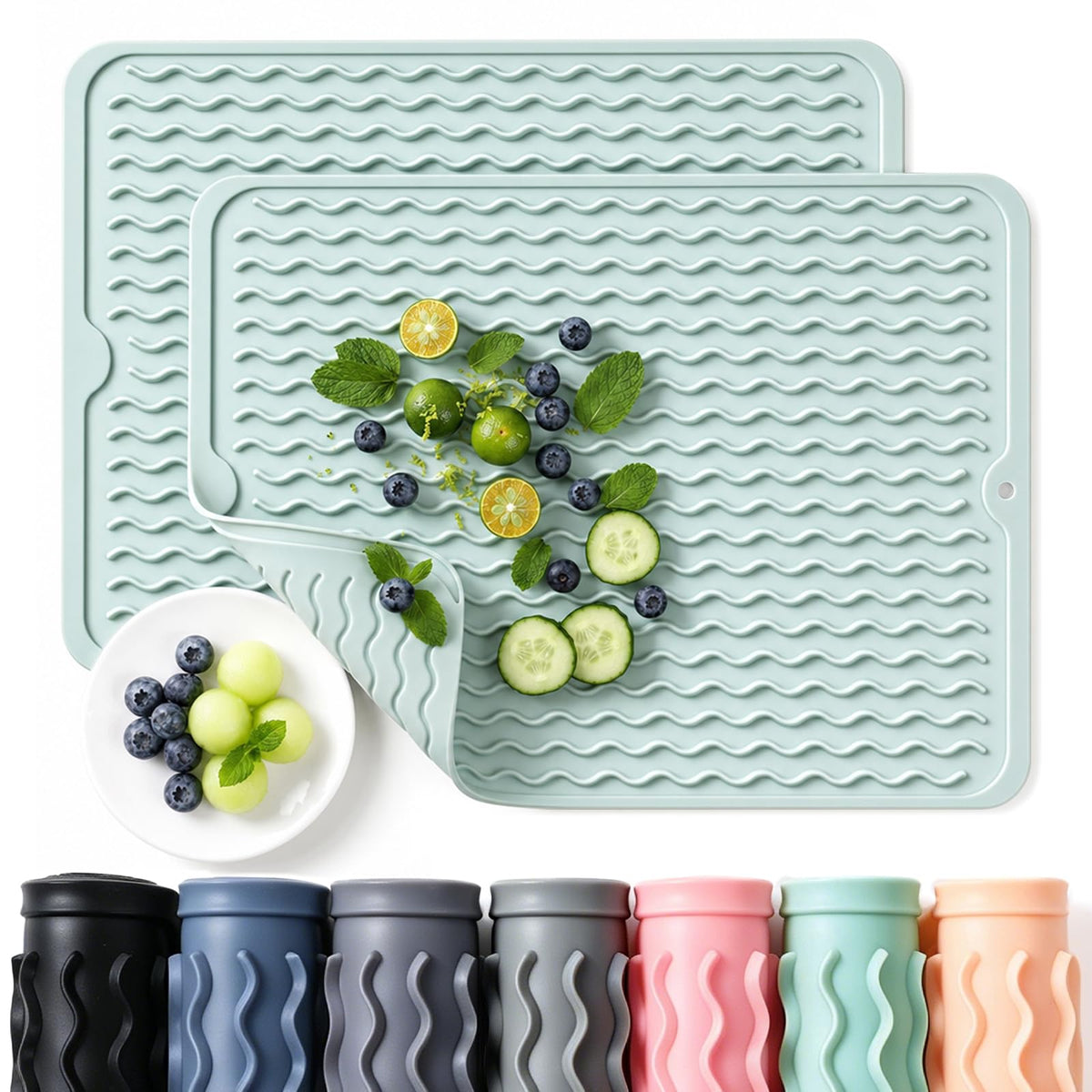 2 Pack Caketime Silicone Dish Drying Mat for Kitchen Counter Baking Cooking Grilling Tools Coffee Must Haves Household Dining Finds Dryer Work Place Covers Rubber Rug Extra Large 18"x16" Green