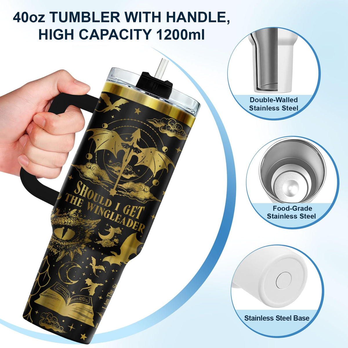 Wingleader Dragon Fantasy Book 40 oz Tumbler with Handle