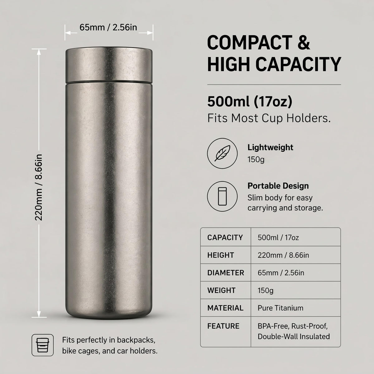 Pure Titanium Insulated Water Bottle 17 oz