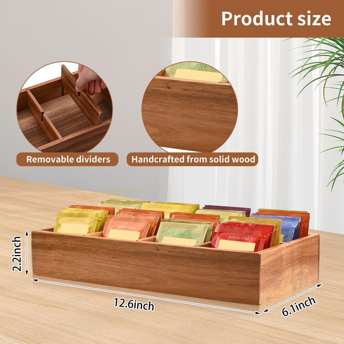 Acacia Wood Tea Bag Organizer with 8 Slots