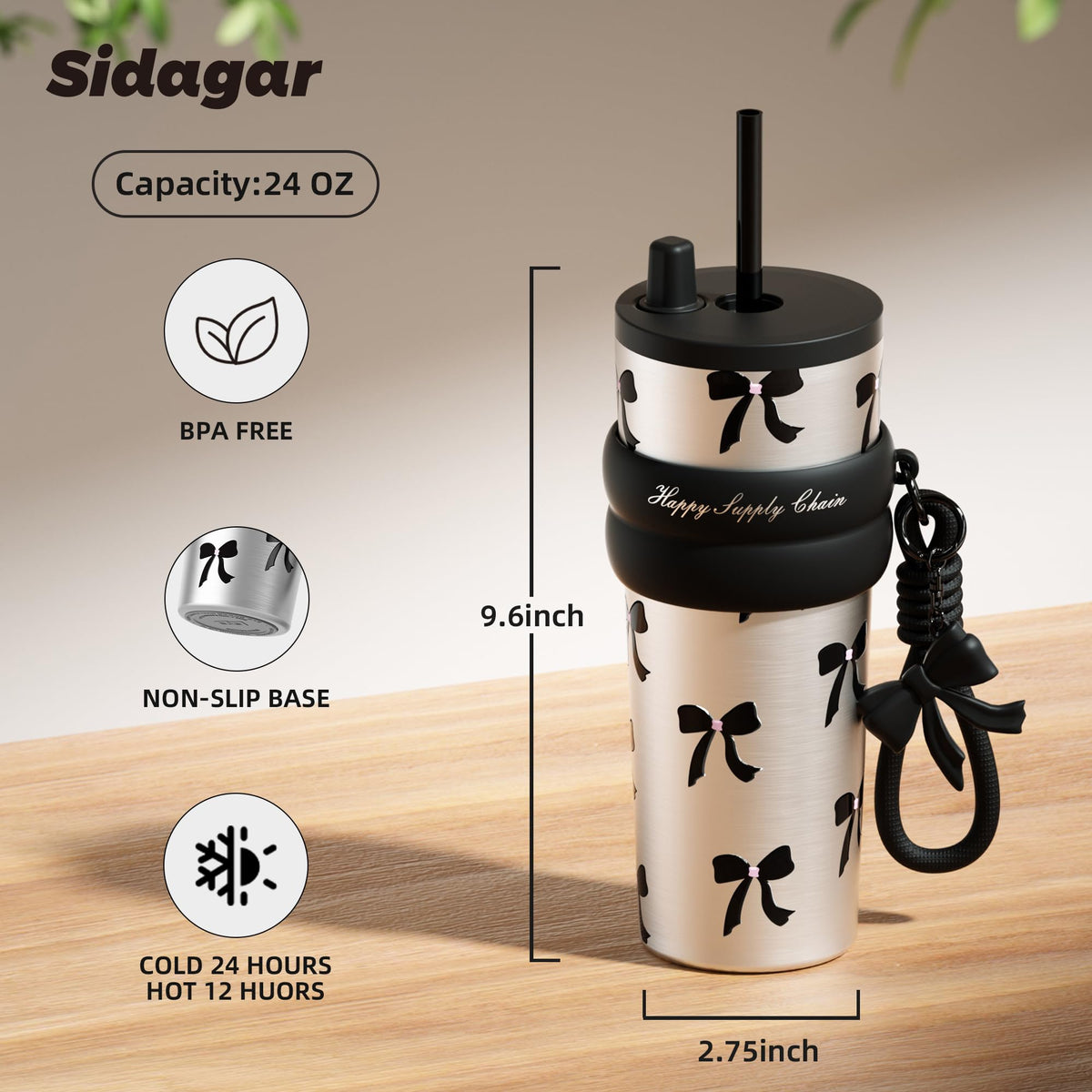 24 oz Stainless Steel Tumbler with Lid and Straw