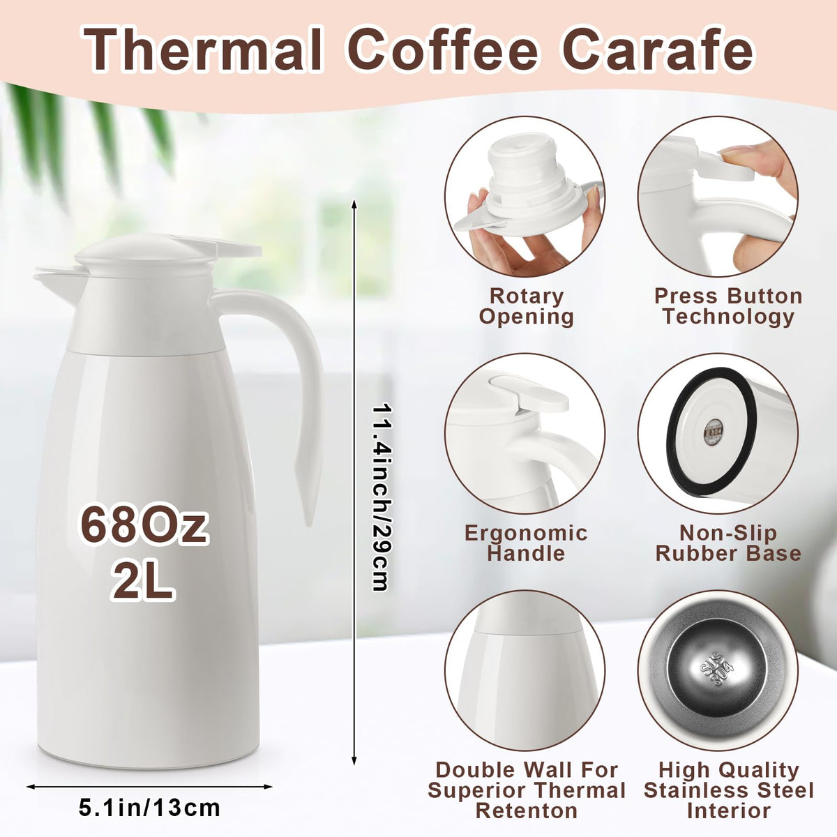 2 Pcs Thermal Coffee Carafe Insulated Stainless Steel Coffee Carafe for Hot Liquid Vacuum Thermal Pot Creamer Pitcher Dispenser with Brushes Keeping Hot Water Milk (2 Count)