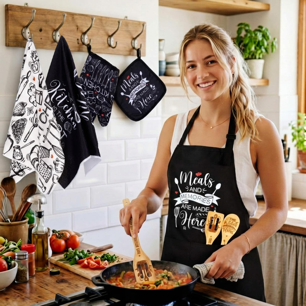 17 Pcs Black and White Kitchen Decor and Accessories Black and White Kitchen Rug and Mat Oven Mitts and Pot Holders Apron Dish Towels Cute Wooden Spoons for Home Decor Housewarming Gifts (17 Count)