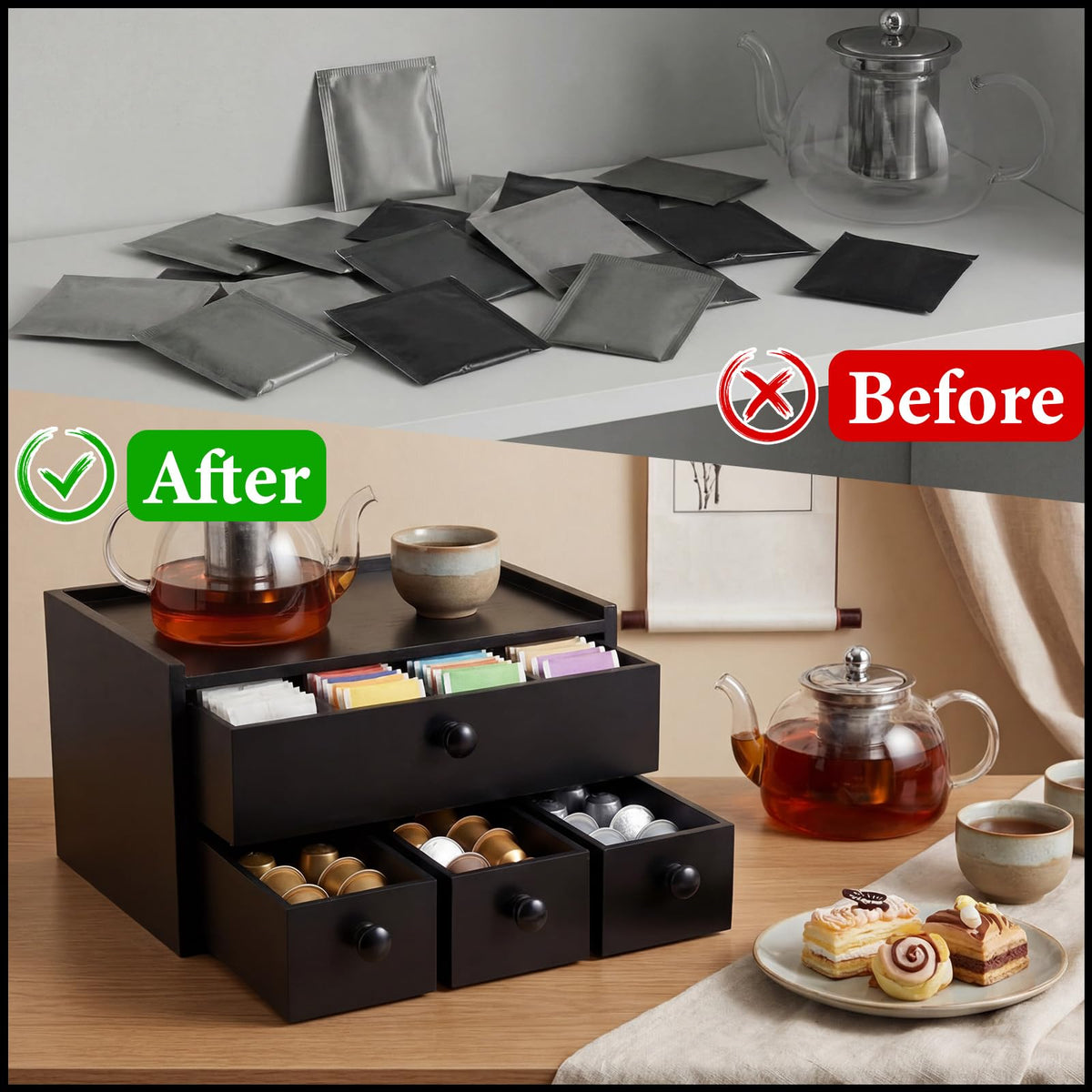 Wooden Tea Box Organizer with Drawer Wooden Coffee Pod Organizer Tea and Coffee Storage Box Double Layer for Countertop Display Cup Drawer Storage Under Brewer