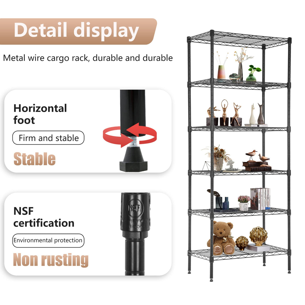 6 Tier Wire Shelving Units Adjustable Metal Storage Rack 23L x 13W x 59H NSF Pantry Shelves Kitchen Organization Shelf for Kitchen Garage Small Places Commercial