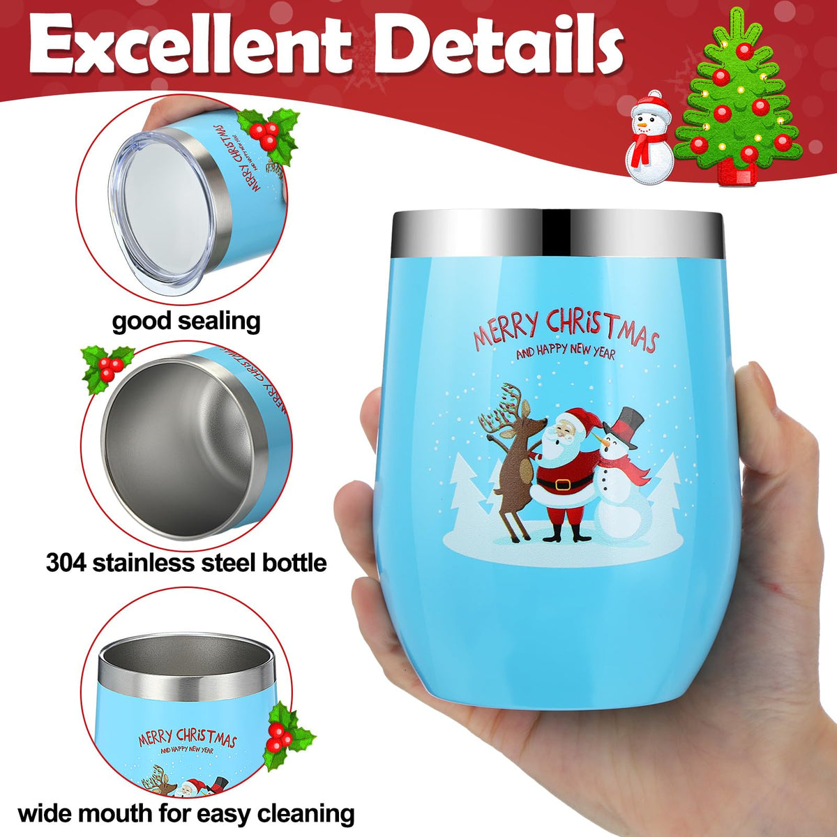 7 Set Christmas Wine Tumbler with Lid Straw Brush (9 Count)