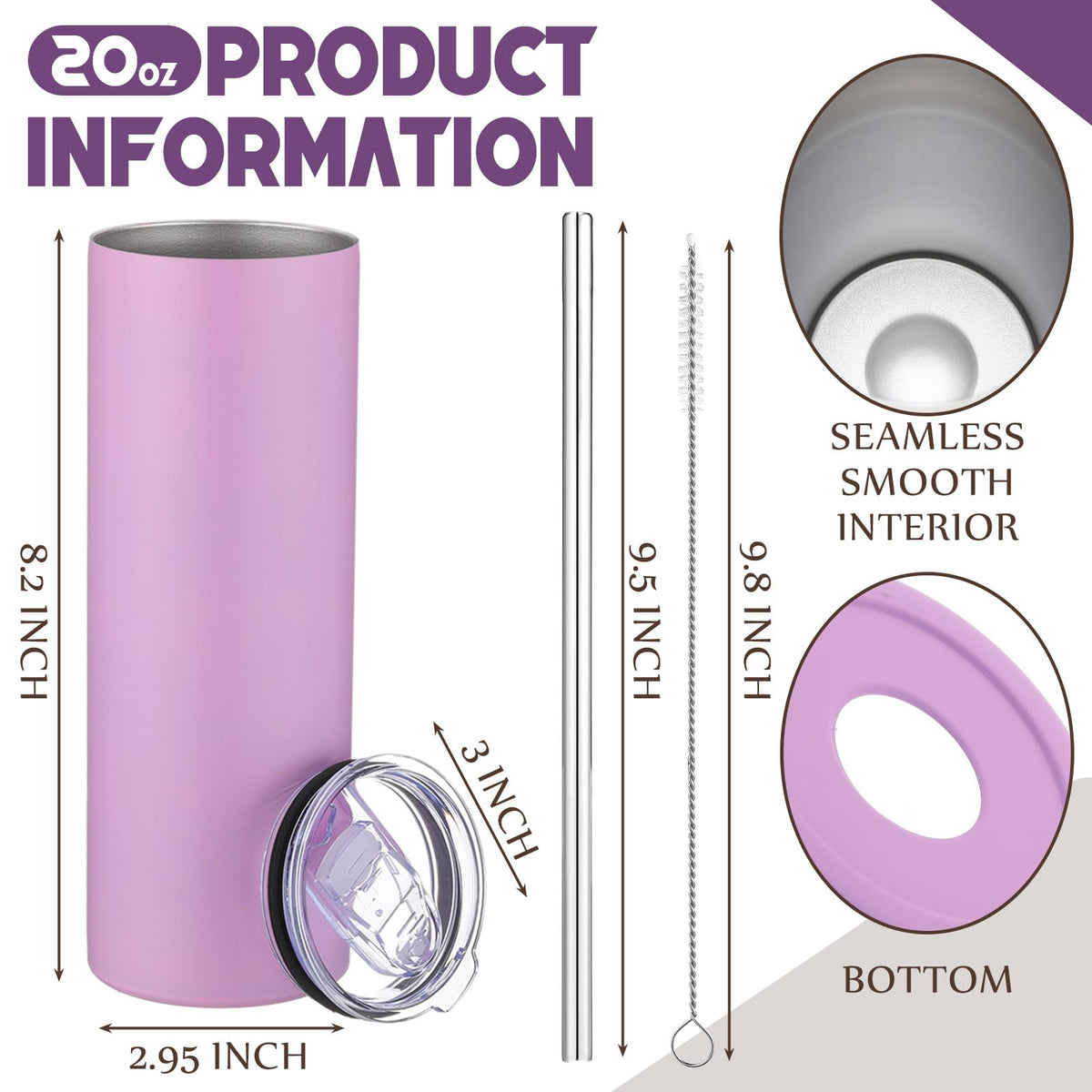 8 Pcs Purple Tumbler 20oz Travel Coffee Mugs with Lid and Straw Insulated Stainless Steel Tumblers Double Wall Vacuum Skinny Water Bottle for Coffee Beverage Hot & Iced Drinks (8 Count)
