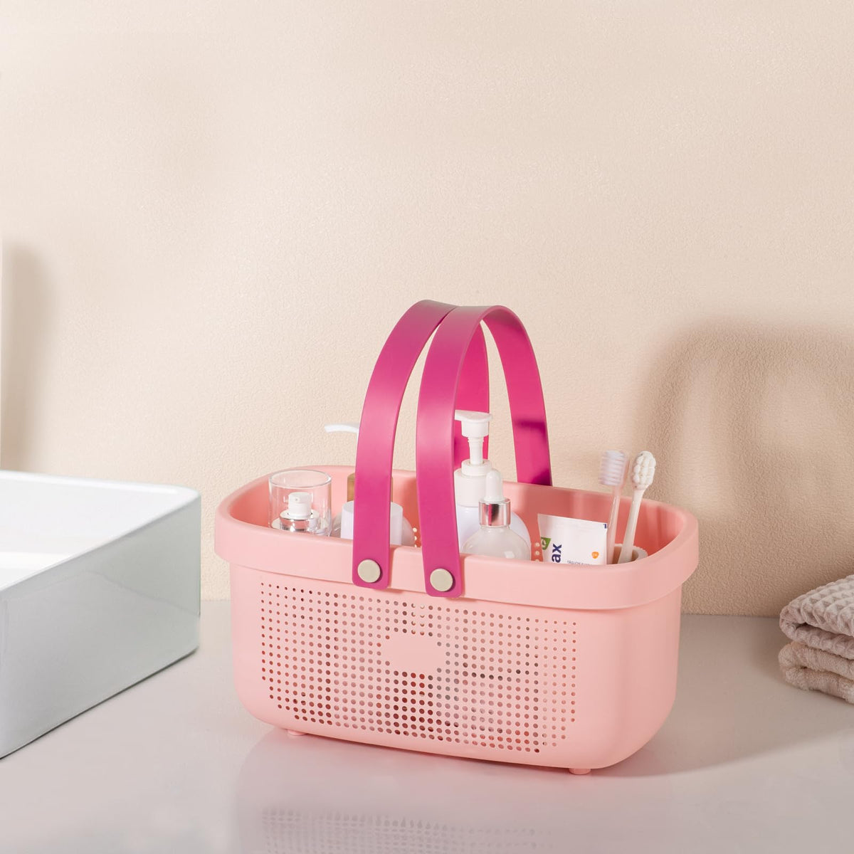 Portable Shower Caddy Basket with Handles Plastic Storage Basket Light Pink