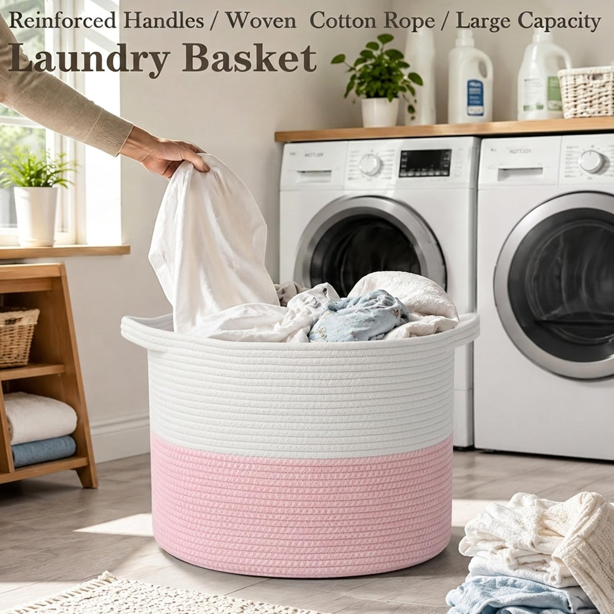 90L Extra Large Pink Woven Cotton Rope Basket with Handles