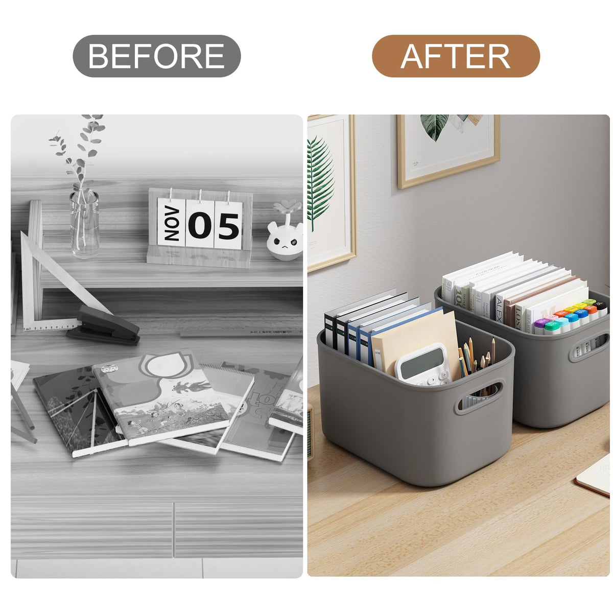 6 Pack Grey Storage Bins with Lids Stackable Storage Container for Organizing (6 Count)