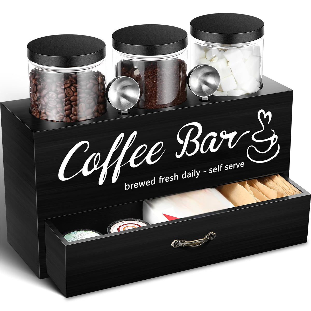 3 Pcs Coffee Bar Containers Set Include Coffee Sugar Container with Lid and Spoon and Double Layer Storage Box with Drawer for Bar Kitchen Countertop (6 Count)