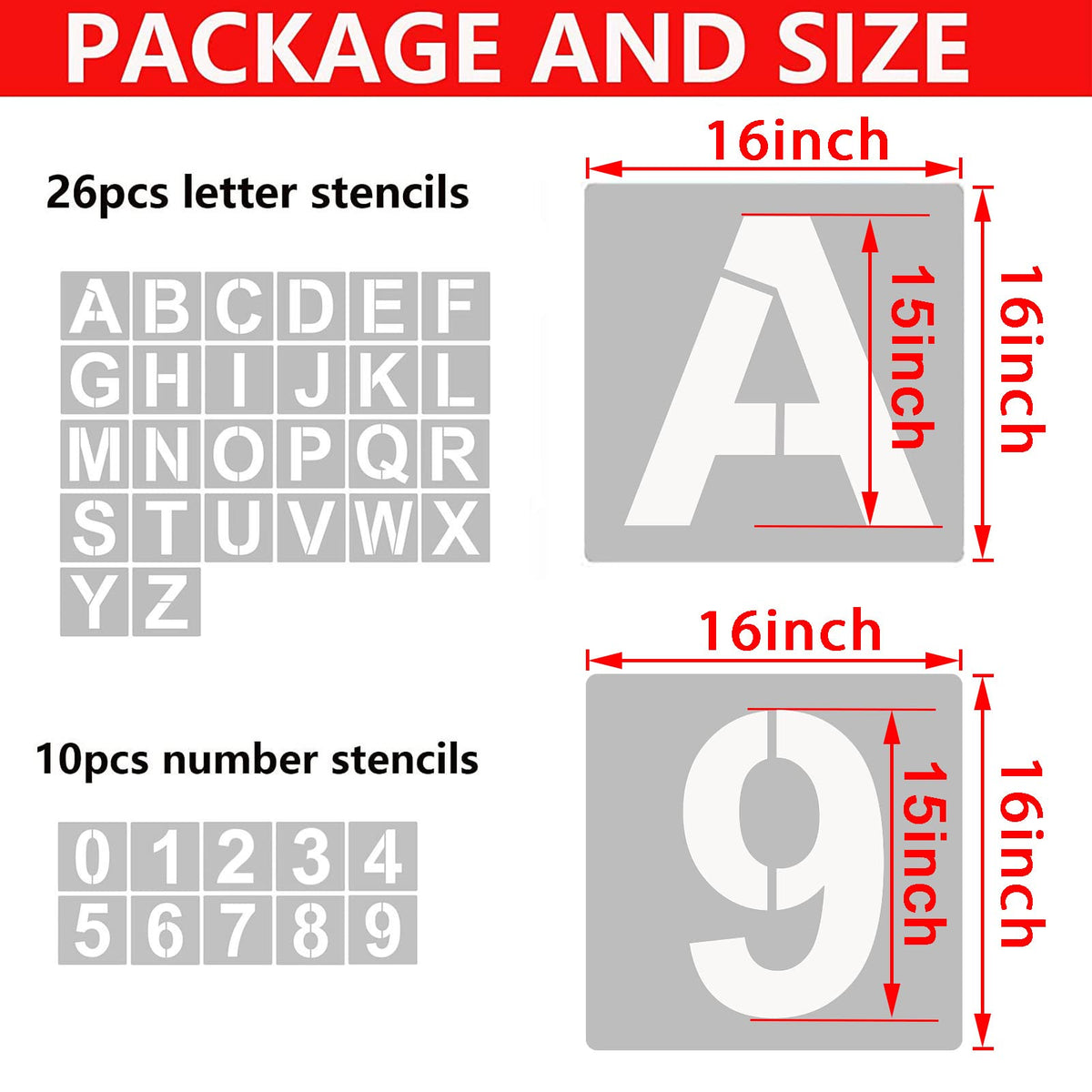 16 Inch Letter Stencils and Numbers (36 Count)