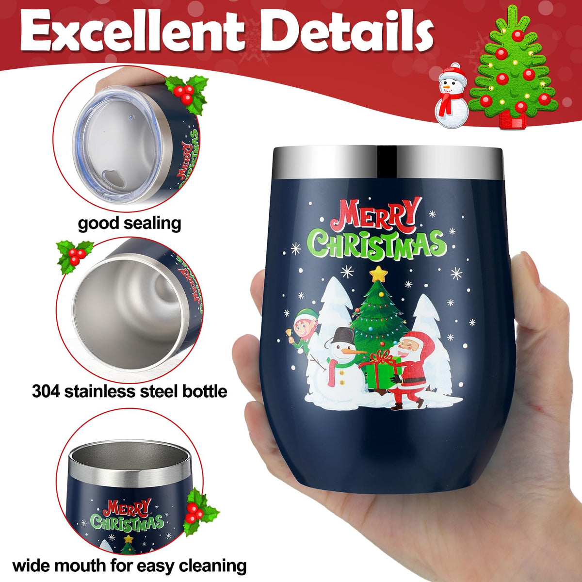 7 Set Christmas Wine Tumbler with Lid Straw Brush (7 Count)