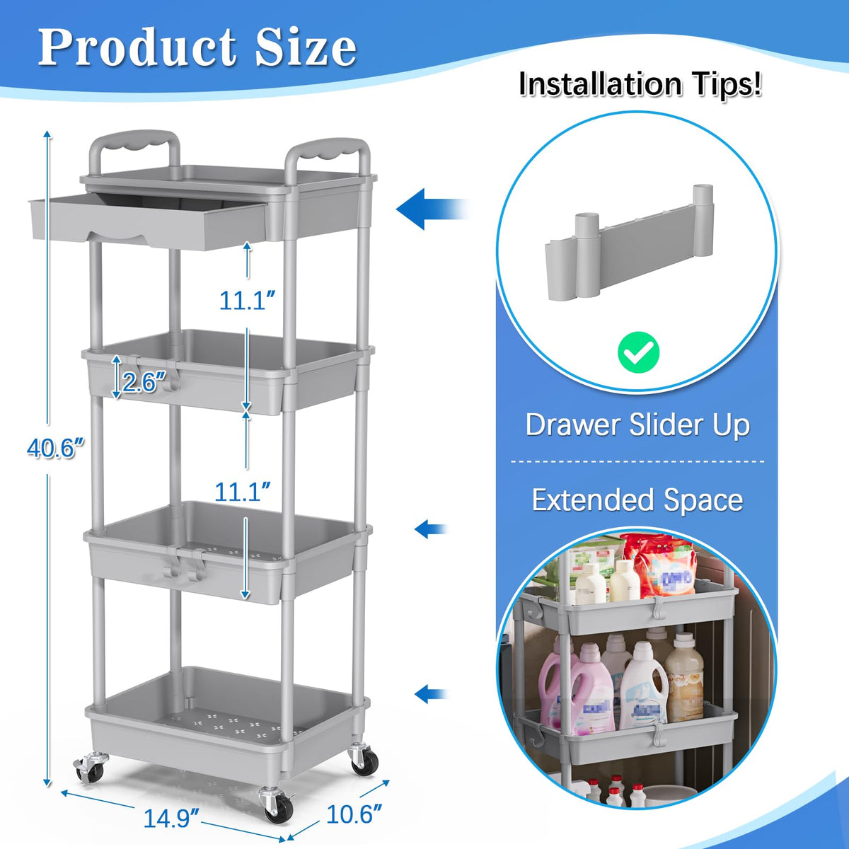 4 Tier Rolling Cart with Drawer