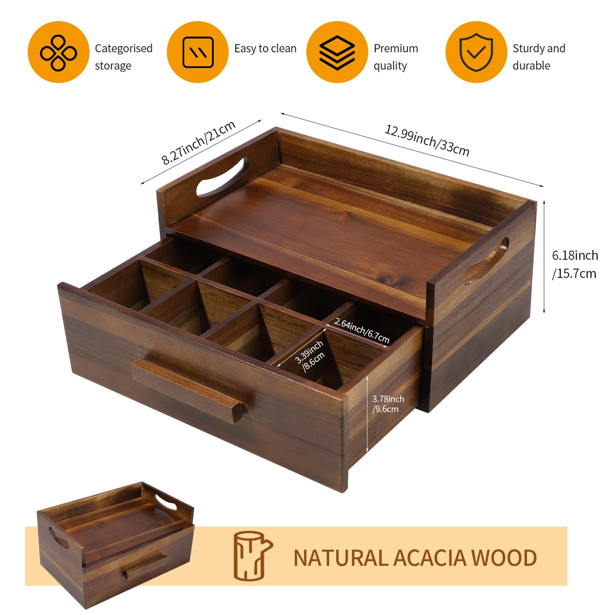 Acacia Wood Tea Bag Organizer Drawer with 12 Compartments