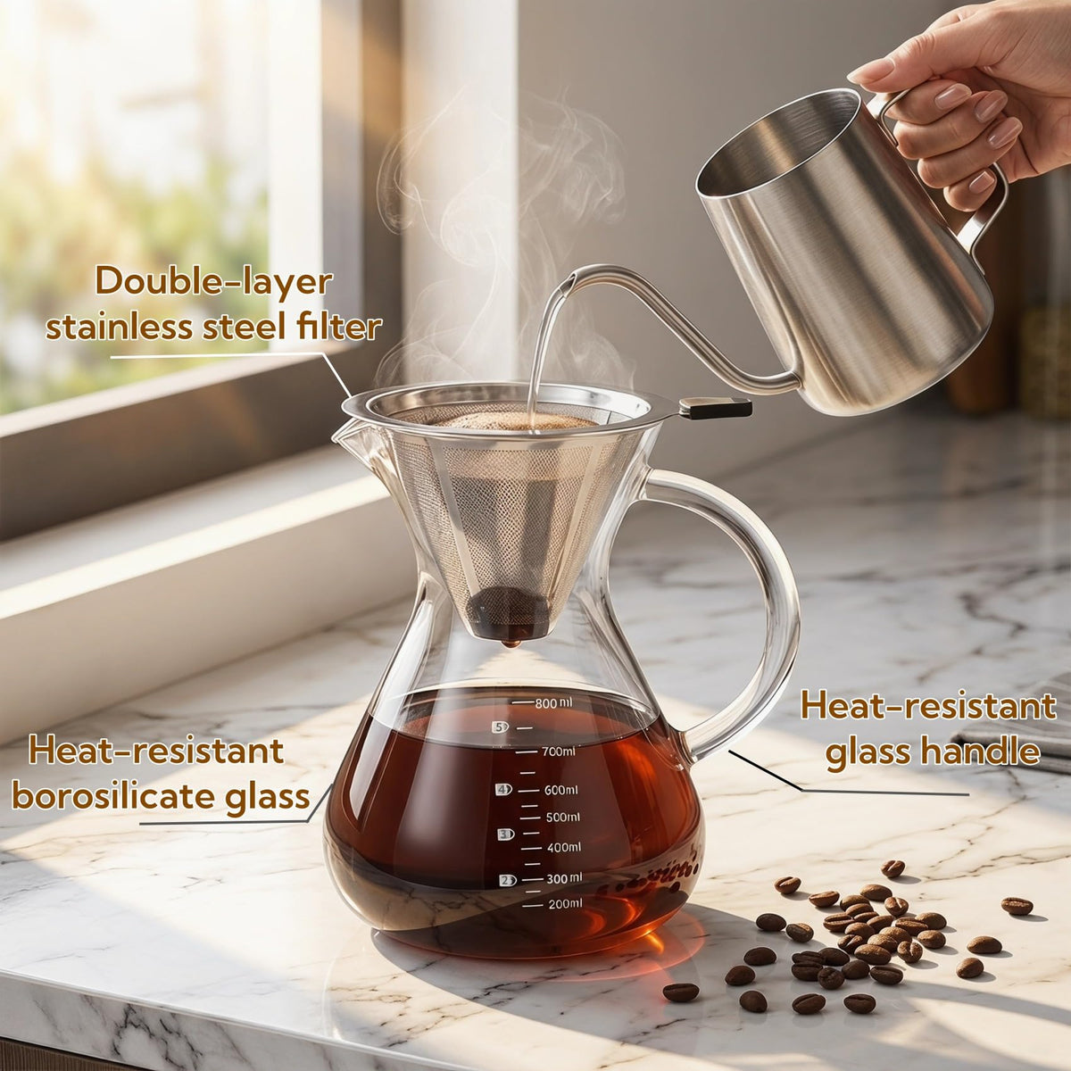 Pour Over Coffee Maker Set with Reusable Stainless Filter 27 fl oz