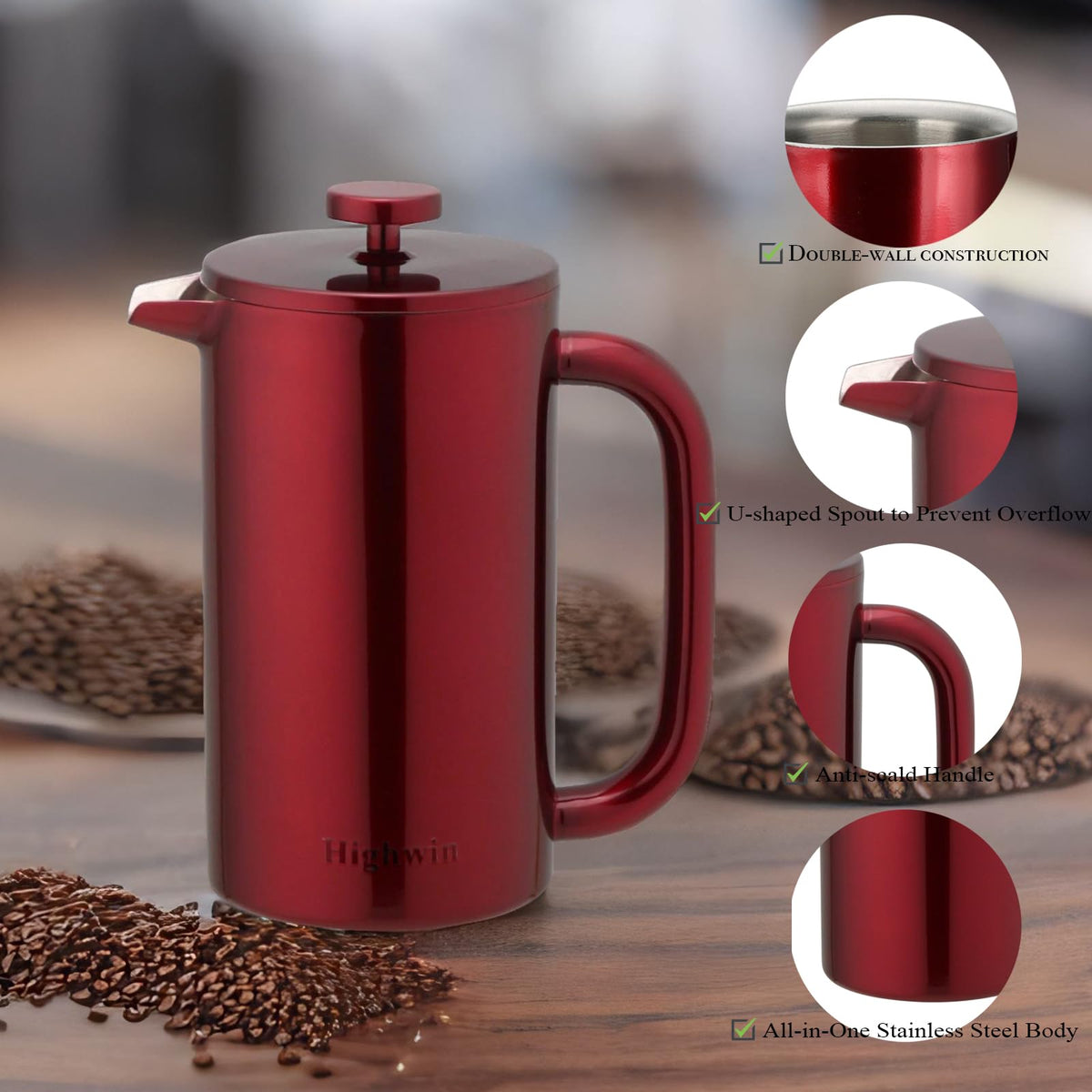 8 Cup Double Wall Insulated Stainless Steel French Coffee Press