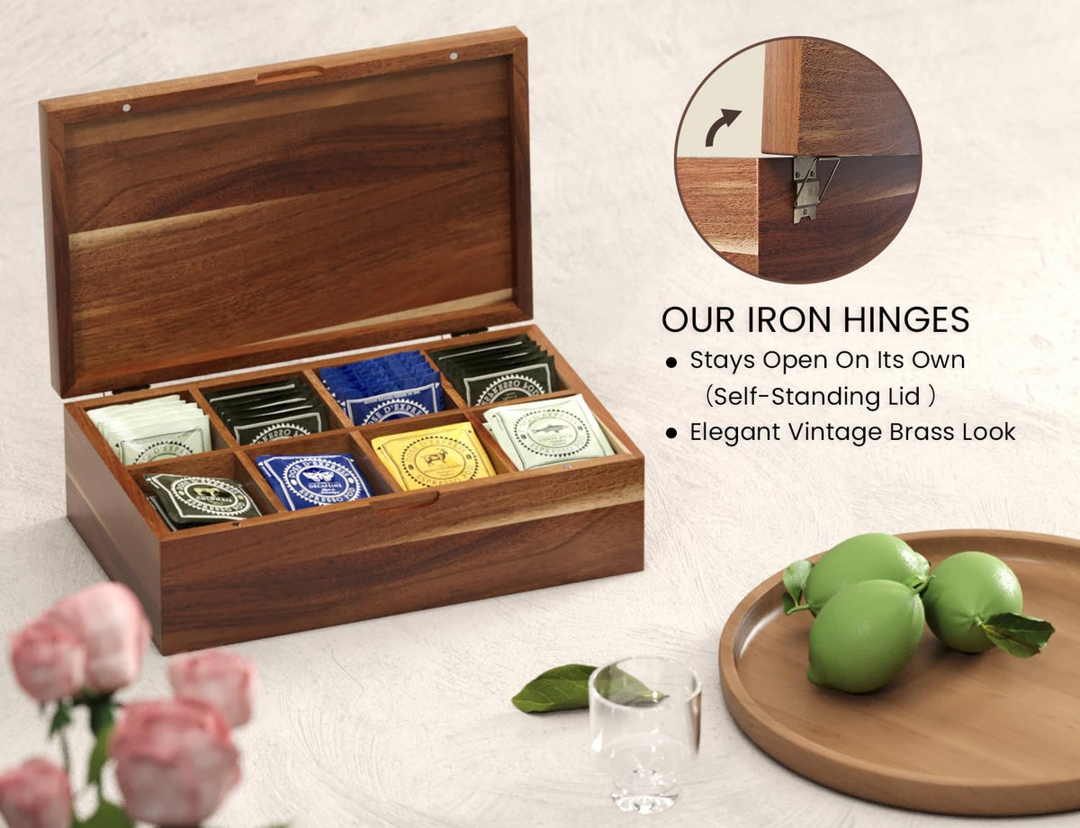 Acacia Wood Tea Bag Storage Box with 8 Compartments