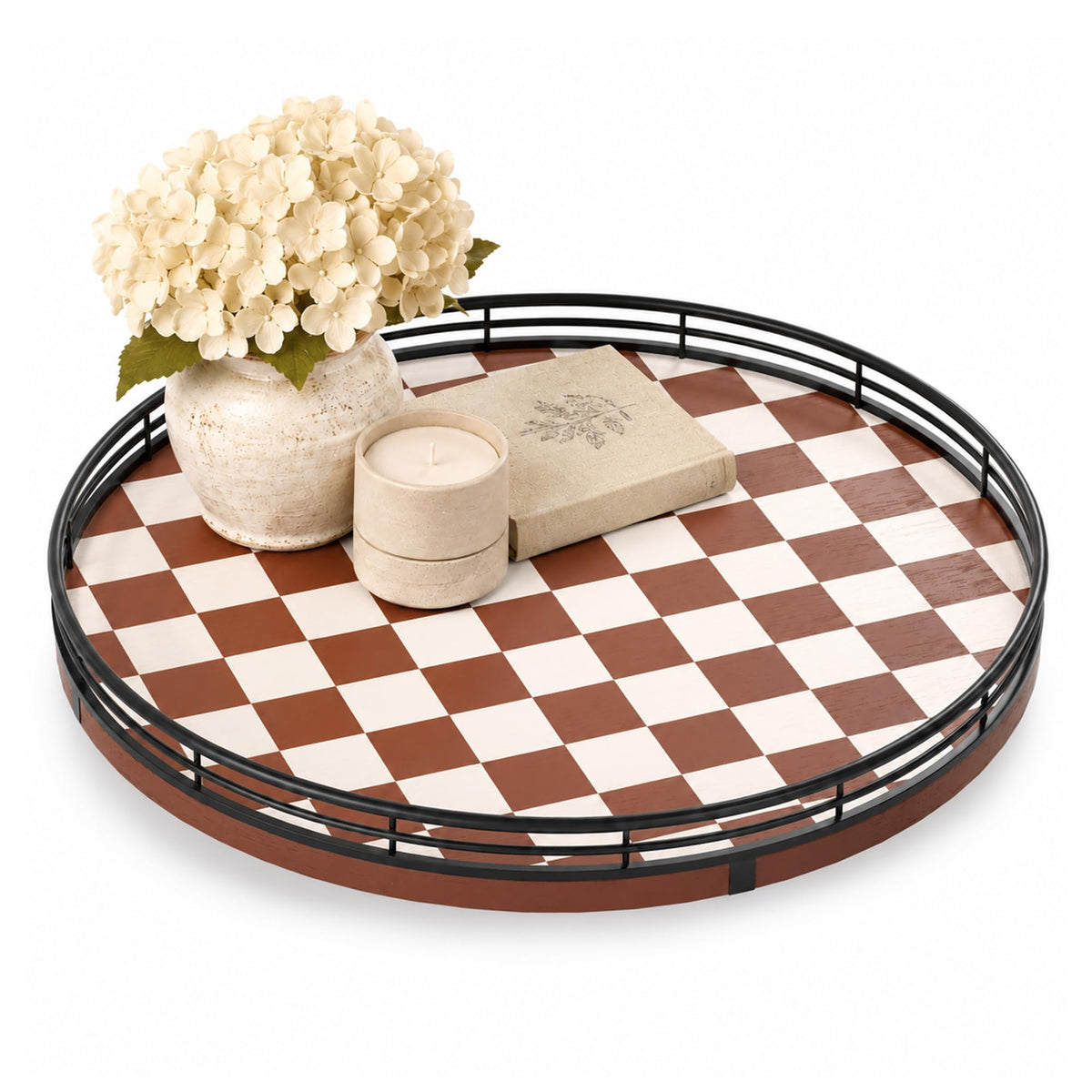12 Inch Brown Checkerboard Lazy Susan with Black Metal Rail