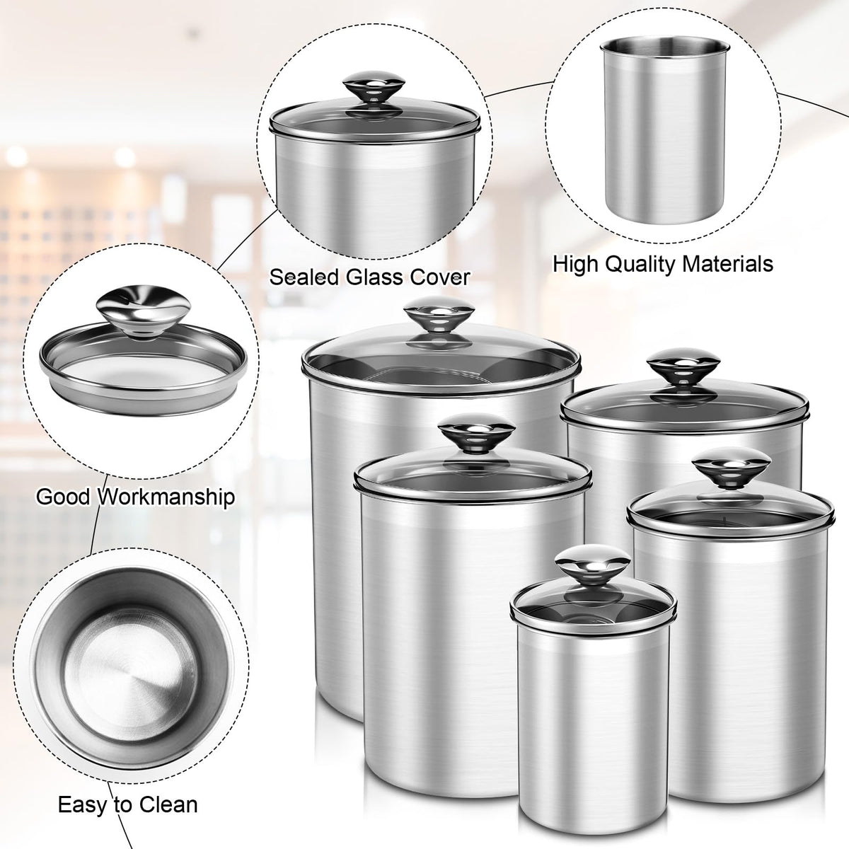 5 Pcs Stainless Steel Canister with Glass Lids Airtight Food Jar Storage Canister Set (5 Count)