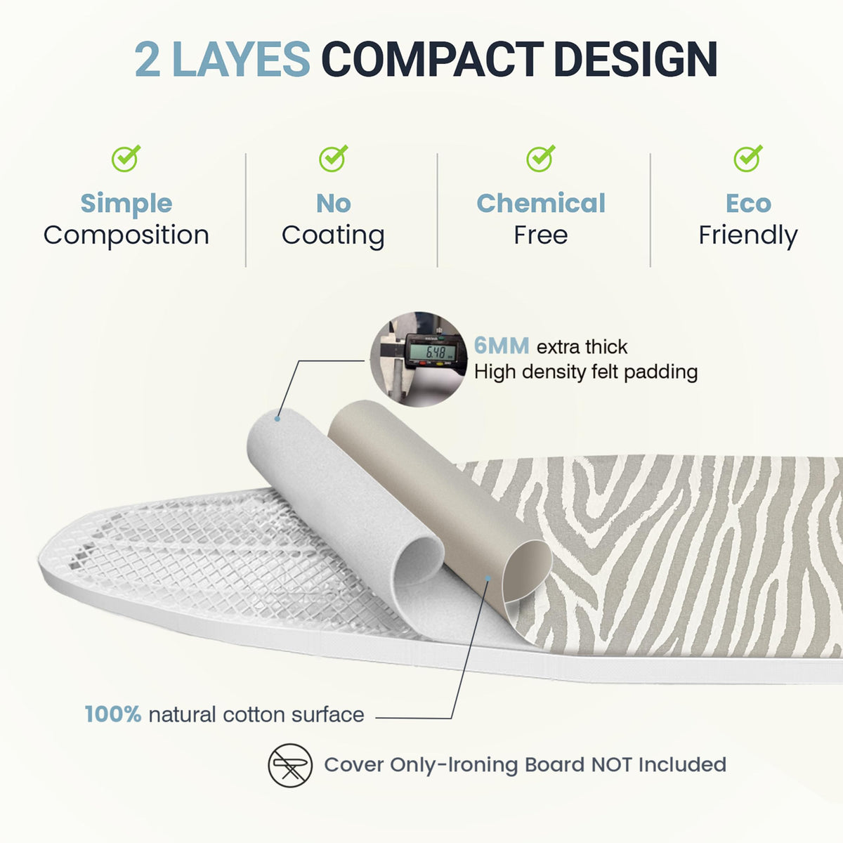 Ironing Board Cover and Pad 18"x49" Extra Thick Natural Cotton