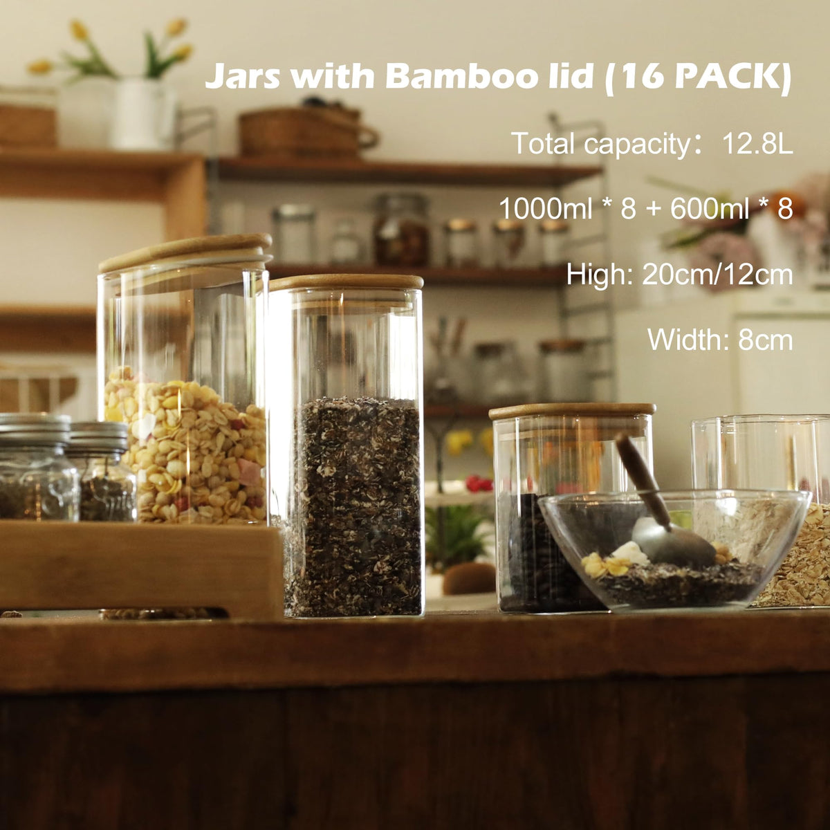 16 Pack Square Glass Storage Jars with Bamboo Lids (16 Count)