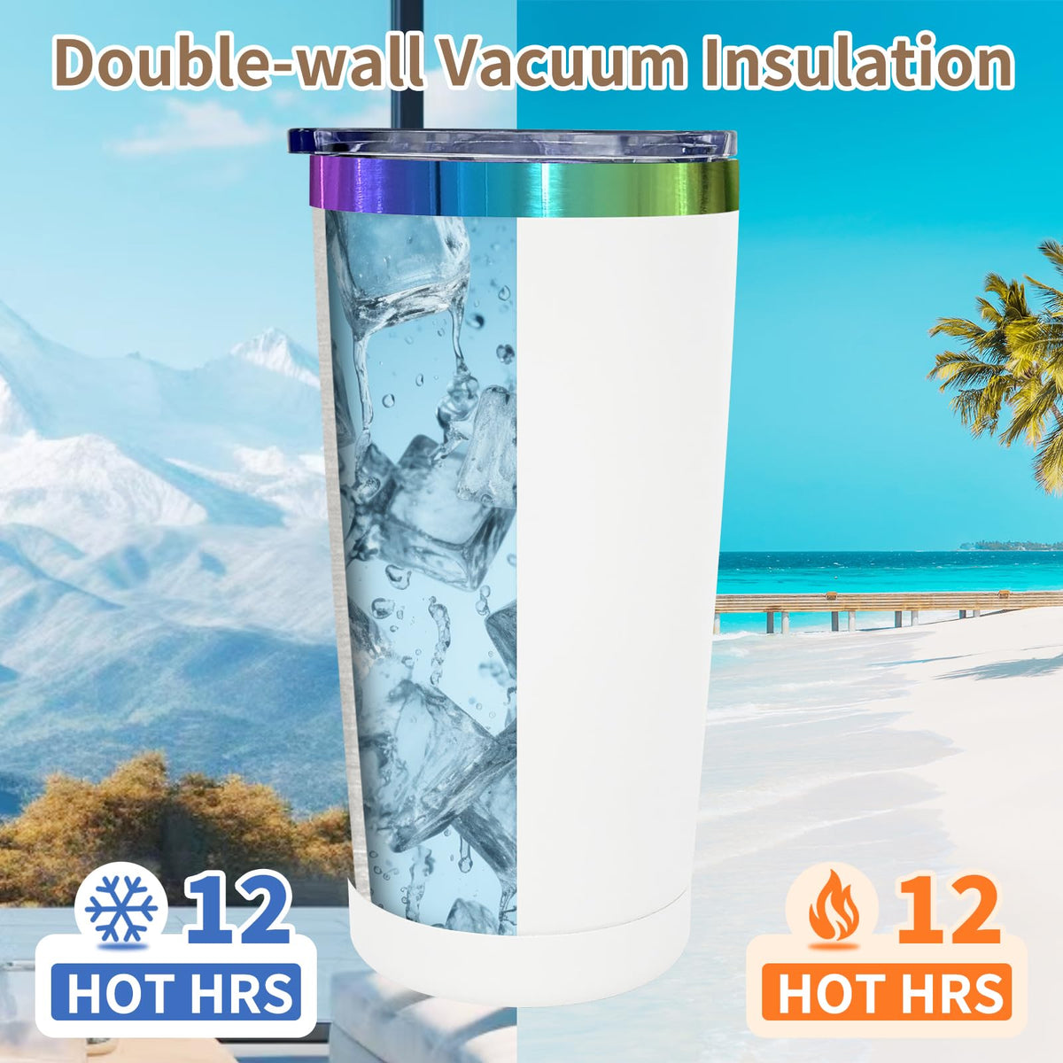 20 oz Insulated Tumblers Bulk With Lid Straw Rainbow Plated White (12 Count)