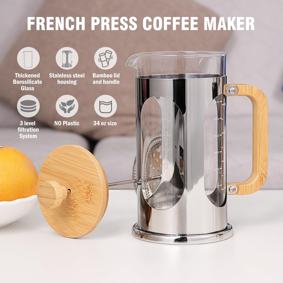 No Plastic French Press Coffee Maker 34 oz
