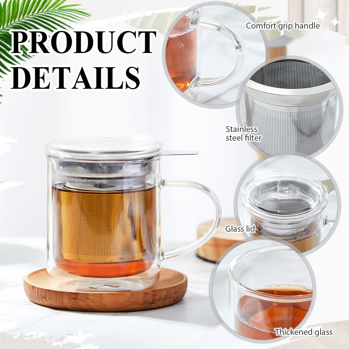 2 Pack Glass Tea Infuser Cup with Lid (2 Count)