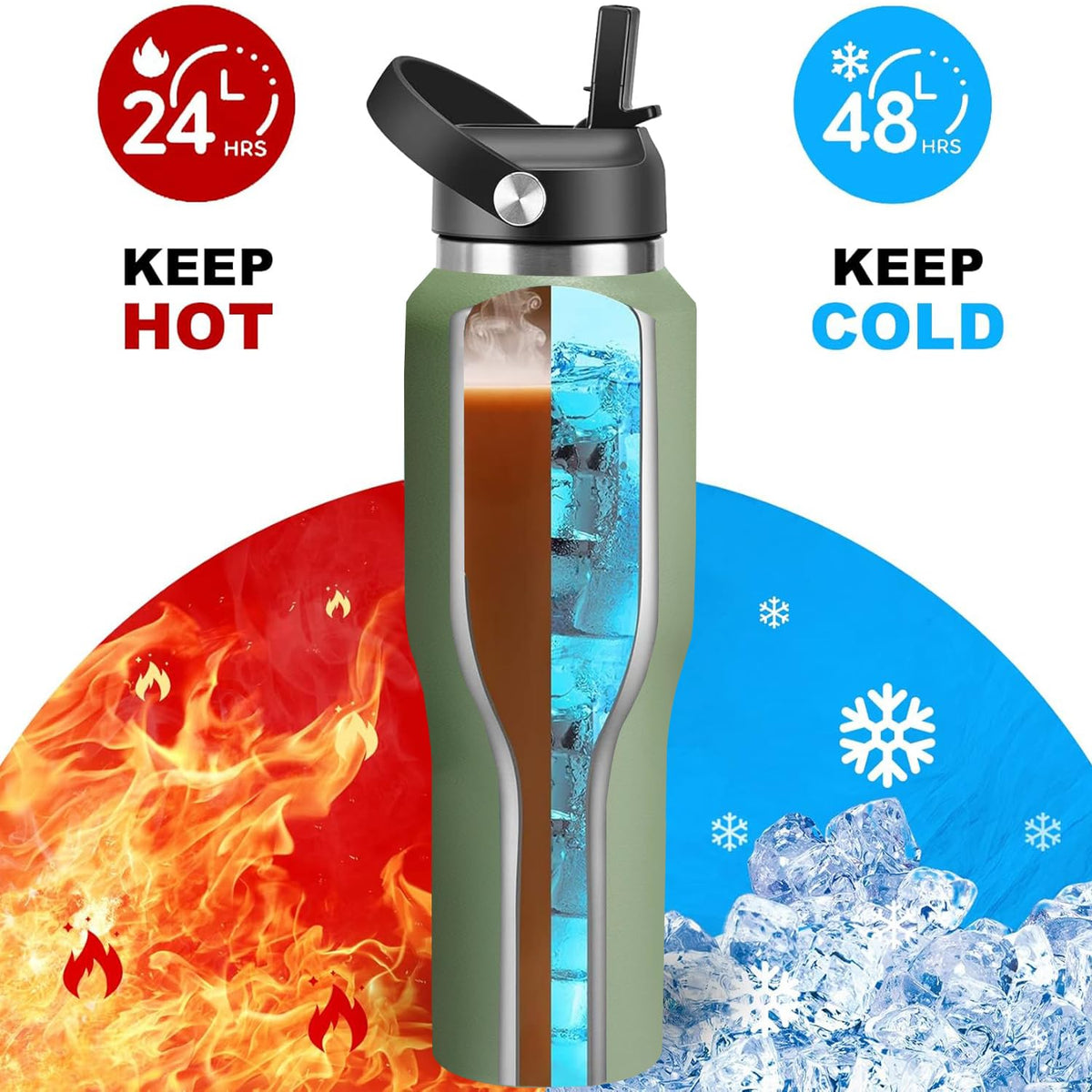 40 oz Insulated Water Bottle with Straw fit in Car Cup Holder