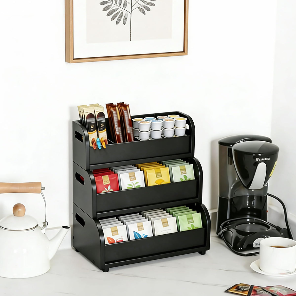 3 Layer Stackable Bamboo Tea Bags Organizer Storage Rack