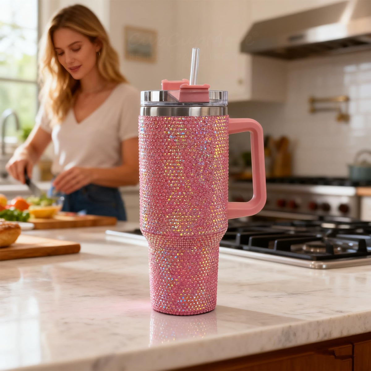 40oz Bling Rhinestone Tumbler with Handle and Straw Glitter Cups