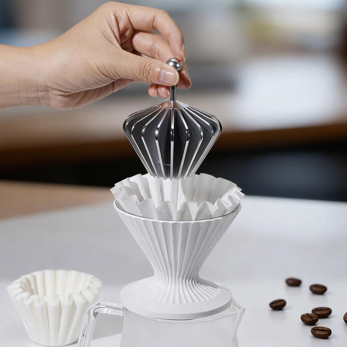 3 in 1 Metal Pour Over Coffee Dripper Gift Set Reusable Coffee Filter with Metal Paper Presser and 25pcs Basket Filter Paper