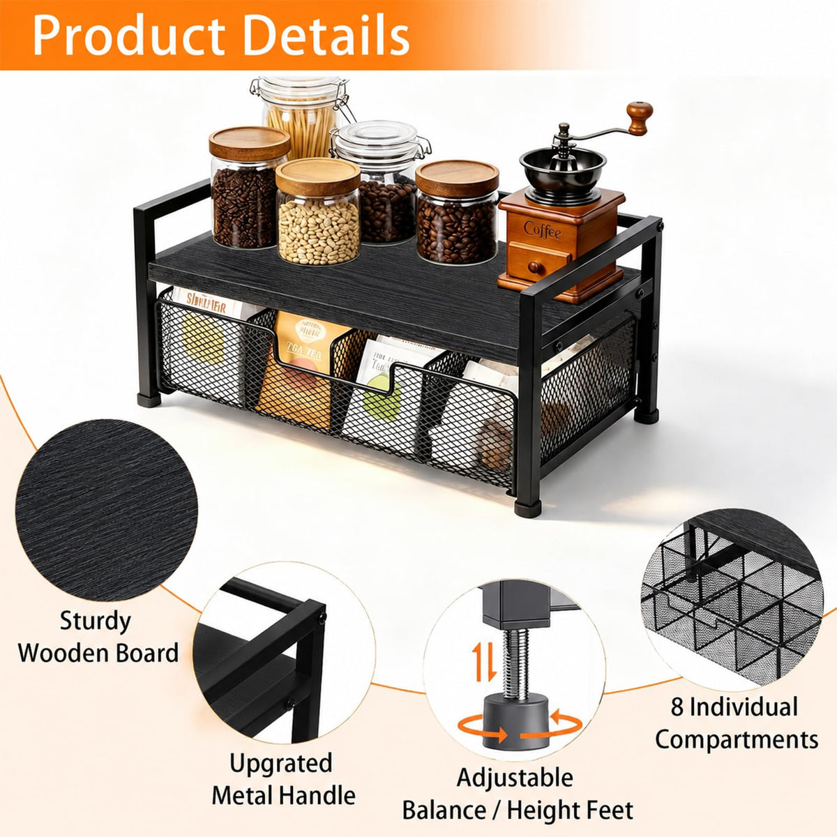 Tea Bag Organizer with Drawer and Tray