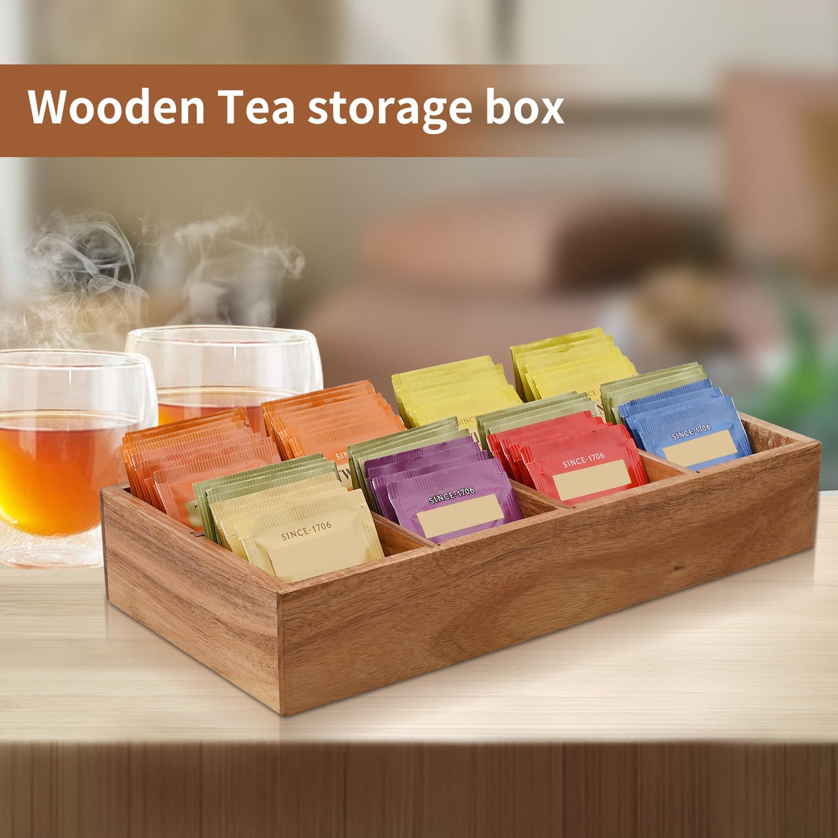 Acacia Wood Tea Bag Organizer with 8 Slots