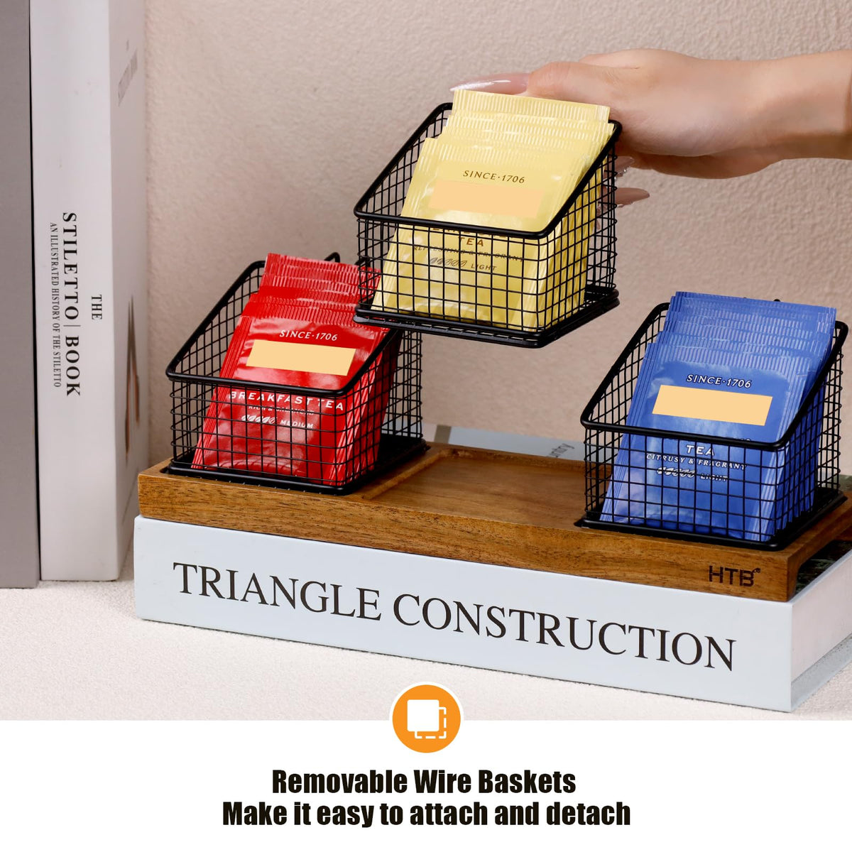Acacia Wood Tea Bag Organizer with 3 Removable Metal Baskets