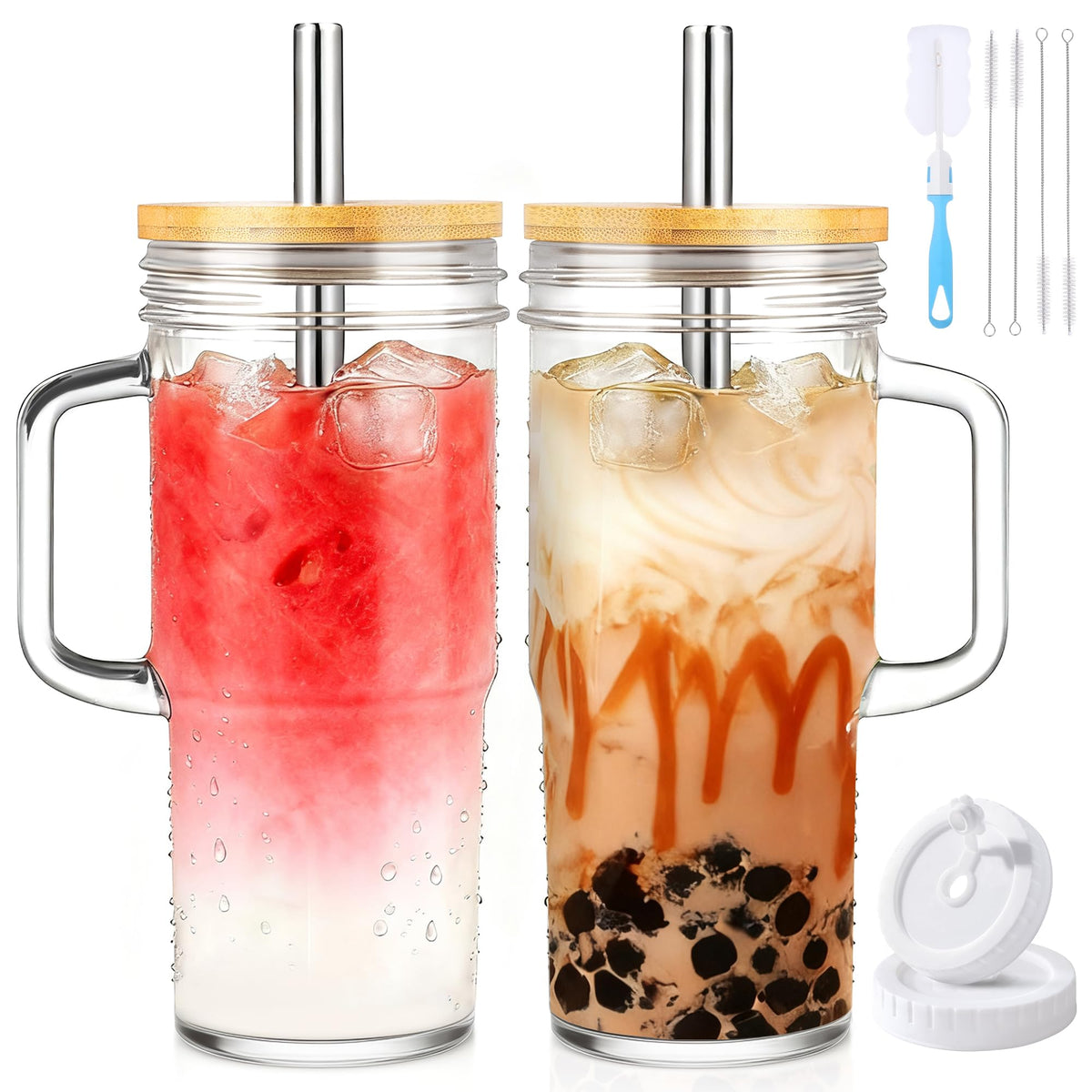24oz Glass Cups with Lids and Straws (24 Count)