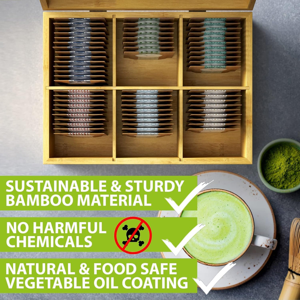 Tea Organizer Box Food Safe Chemical Free Bamboo Wood Storage Chest Big