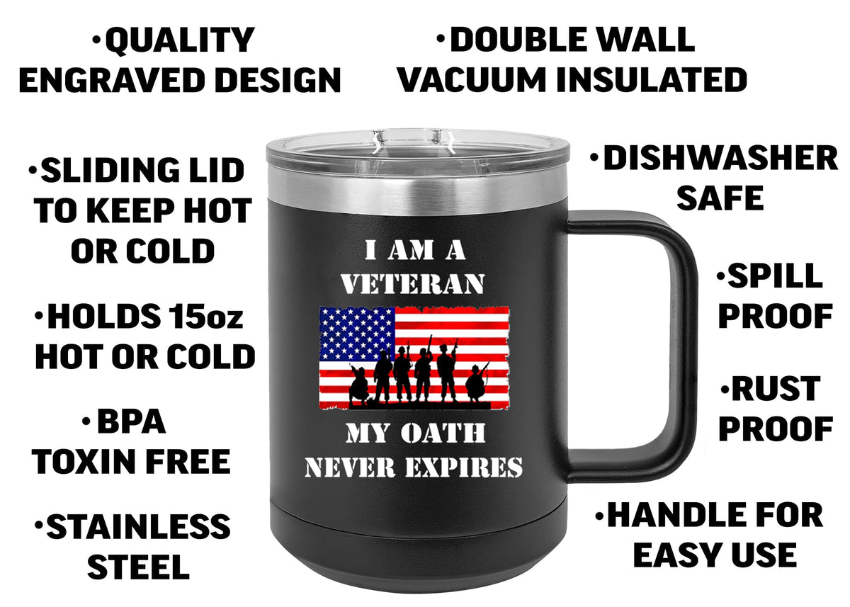 USA Tattered American Flag Veteran Oath Heavy Duty Stainless Steel Black Coffee Mug Tumbler With Lid Novelty Cup Great Gift Idea