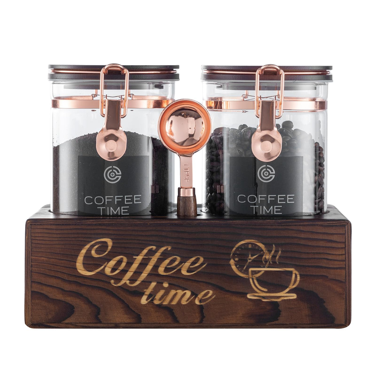 Glass Coffee Canister Set with Torched Wood Shelf