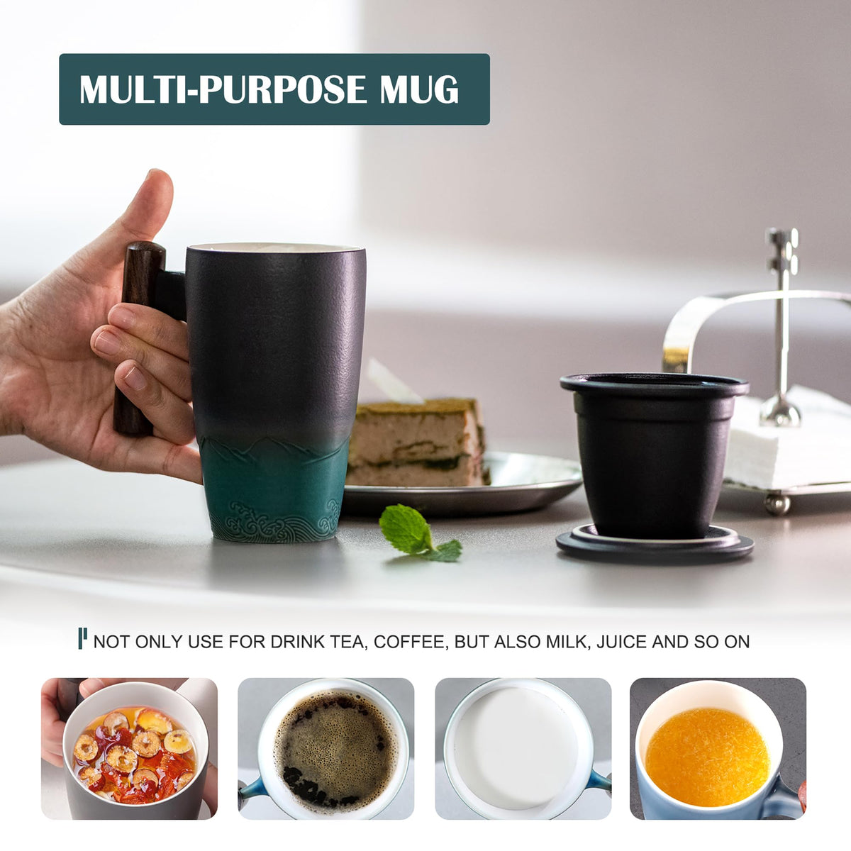 Ceramic Tea Cup with Infuser and Lid Tea Mugs Wooden Handle 400ml