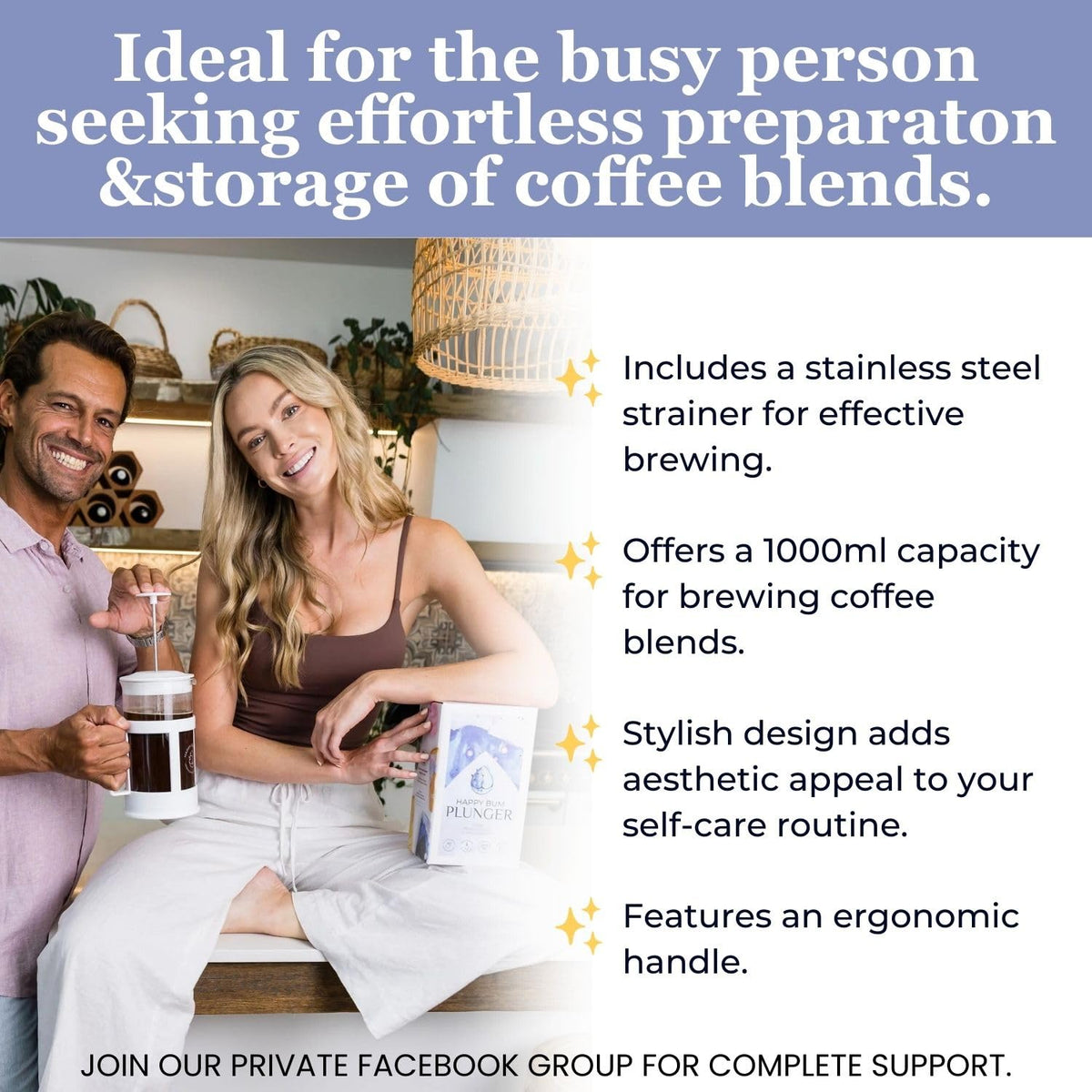 ffee Plunger 1L Glass French Press with Steel Strainer