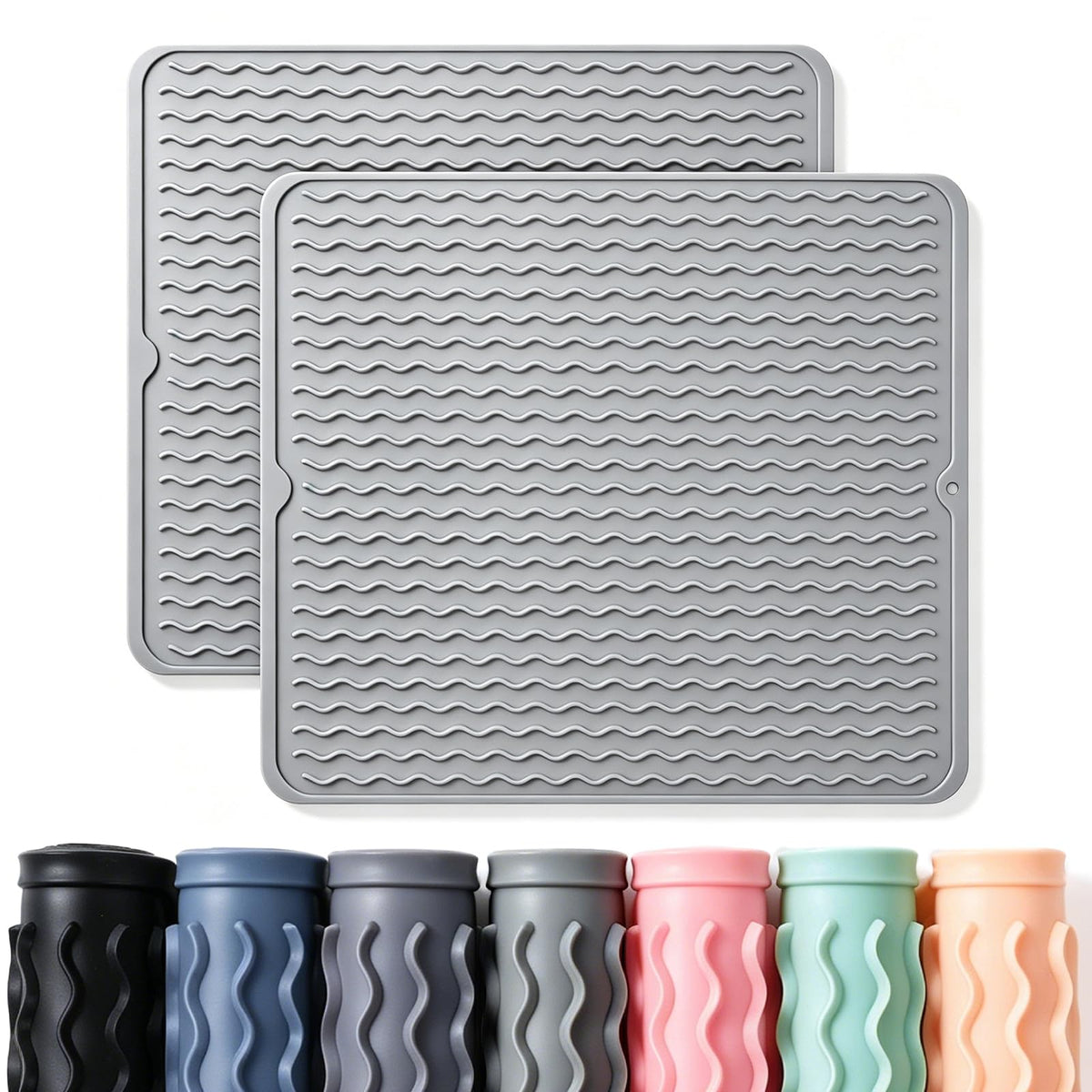 2 Pack Caketime Silicone Dish Drying Mat for Kitchen Counter Heat Resistant Pads Hot Dishes Waterproof with Under Sink Soap Holder Coffee Bar Accessories Women Gifts Extra Large 18"x16" Light Gray
